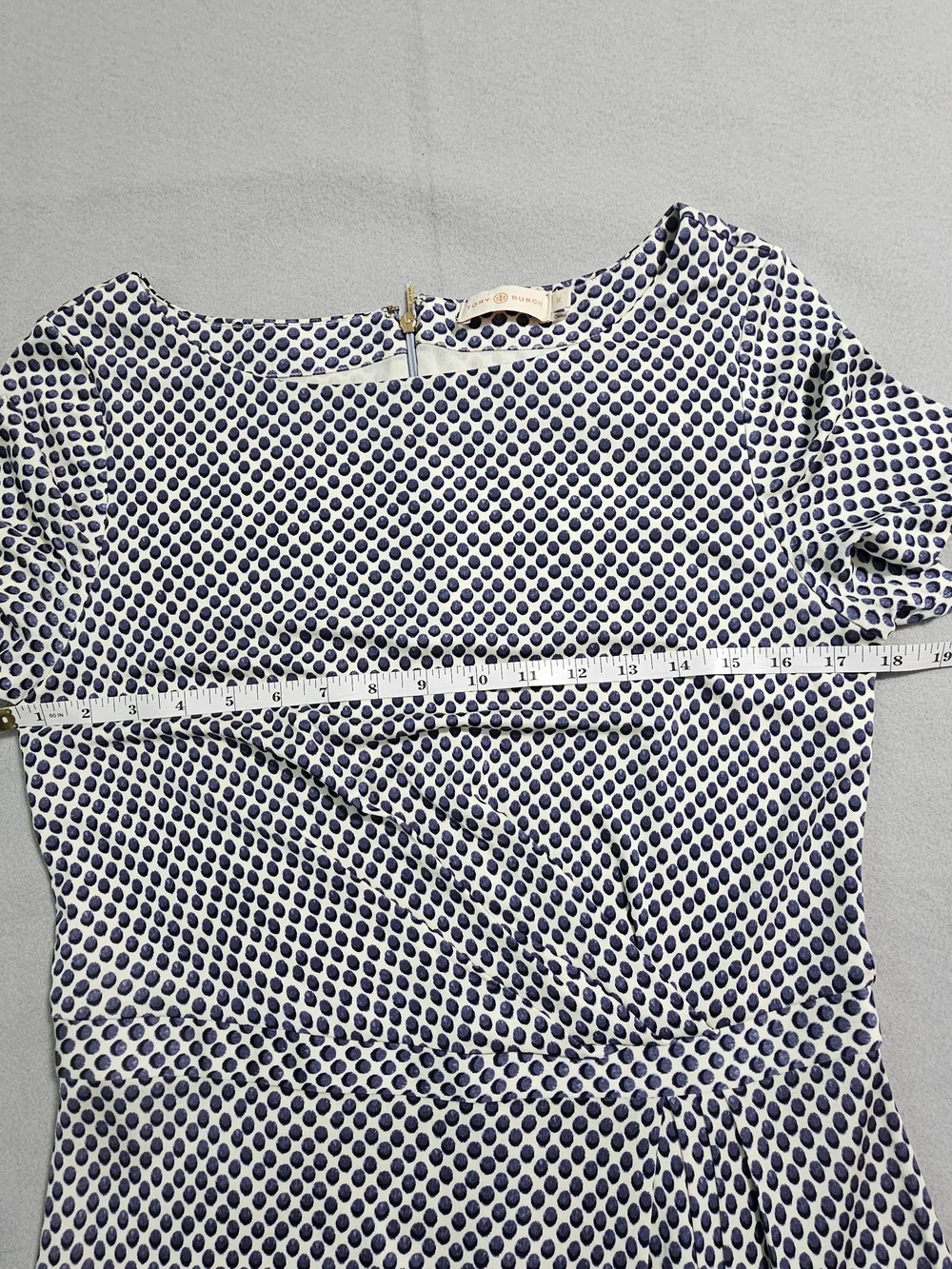 Tory Burch Silk Polka Dot Faux Wrap Midi Dress Blue White Short Sleeve M